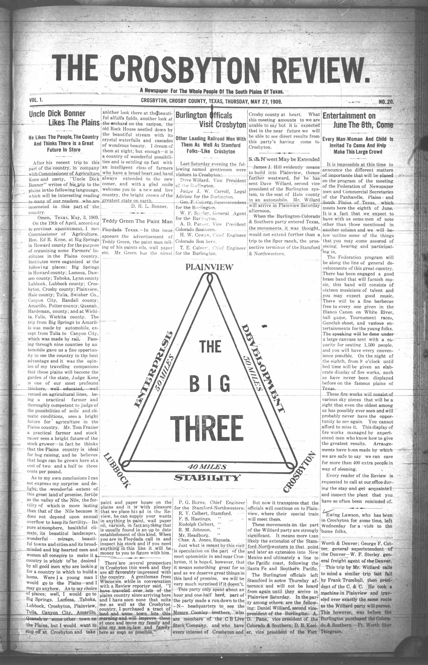 The Crosbyton Review. (Crosbyton, Tex.), Vol. 1, No. 20, Ed. 1 Thursday, May 27, 1909
                                                
                                                    [Sequence #]: 1 of 10
                                                