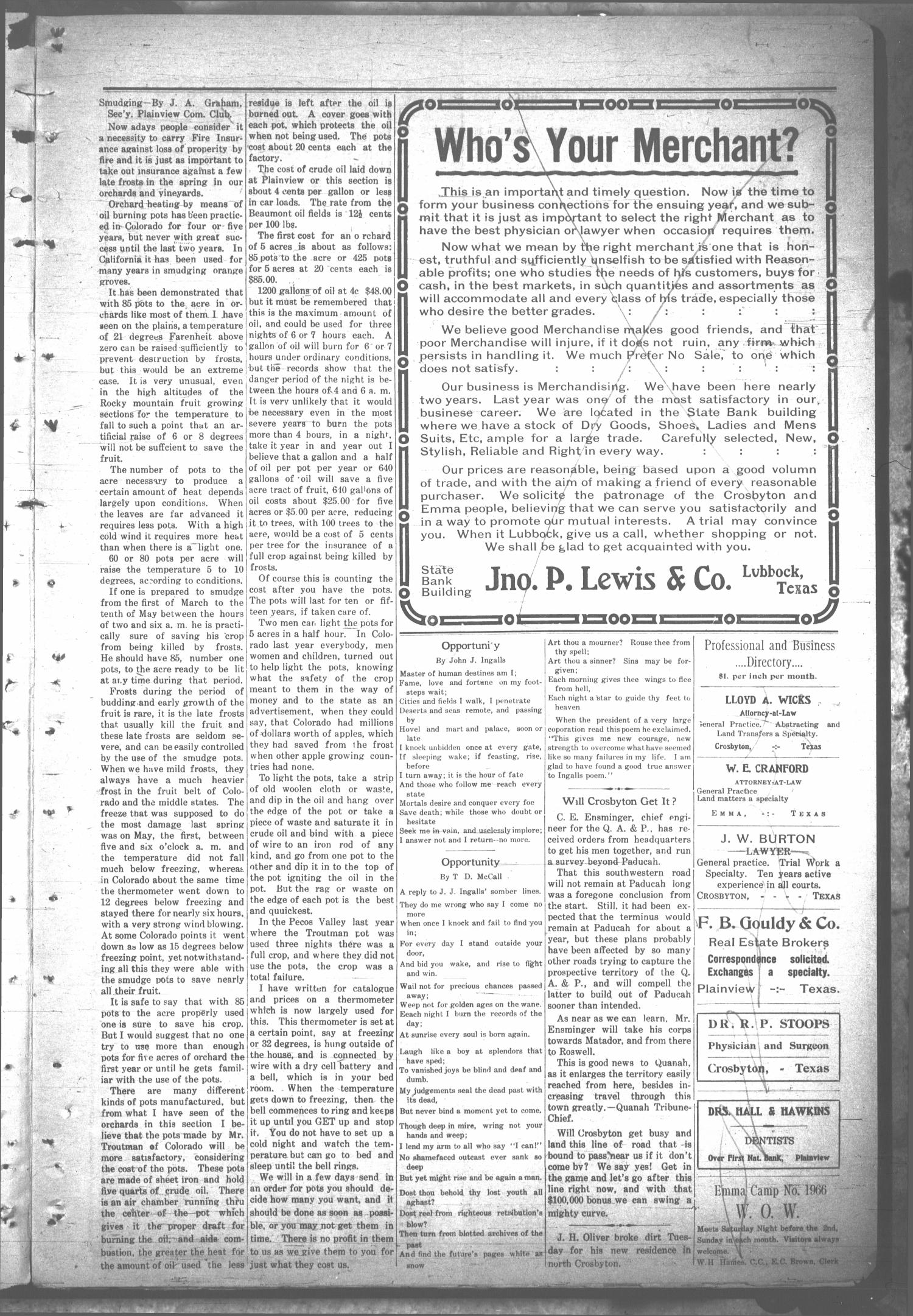 The Crosbyton Review. (Crosbyton, Tex.), Vol. 2, No. 2, Ed. 1 Thursday, January 20, 1910
                                                
                                                    [Sequence #]: 3 of 10
                                                