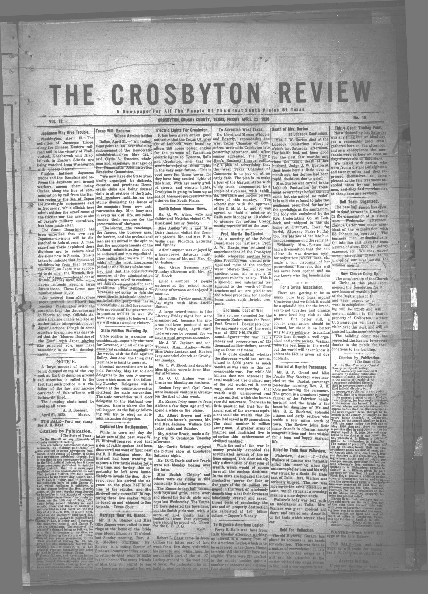 The Crosbyton Review. (Crosbyton, Tex.), Vol. 12, No. 16, Ed. 1 Friday, April 23, 1920
                                                
                                                    [Sequence #]: 1 of 8
                                                
