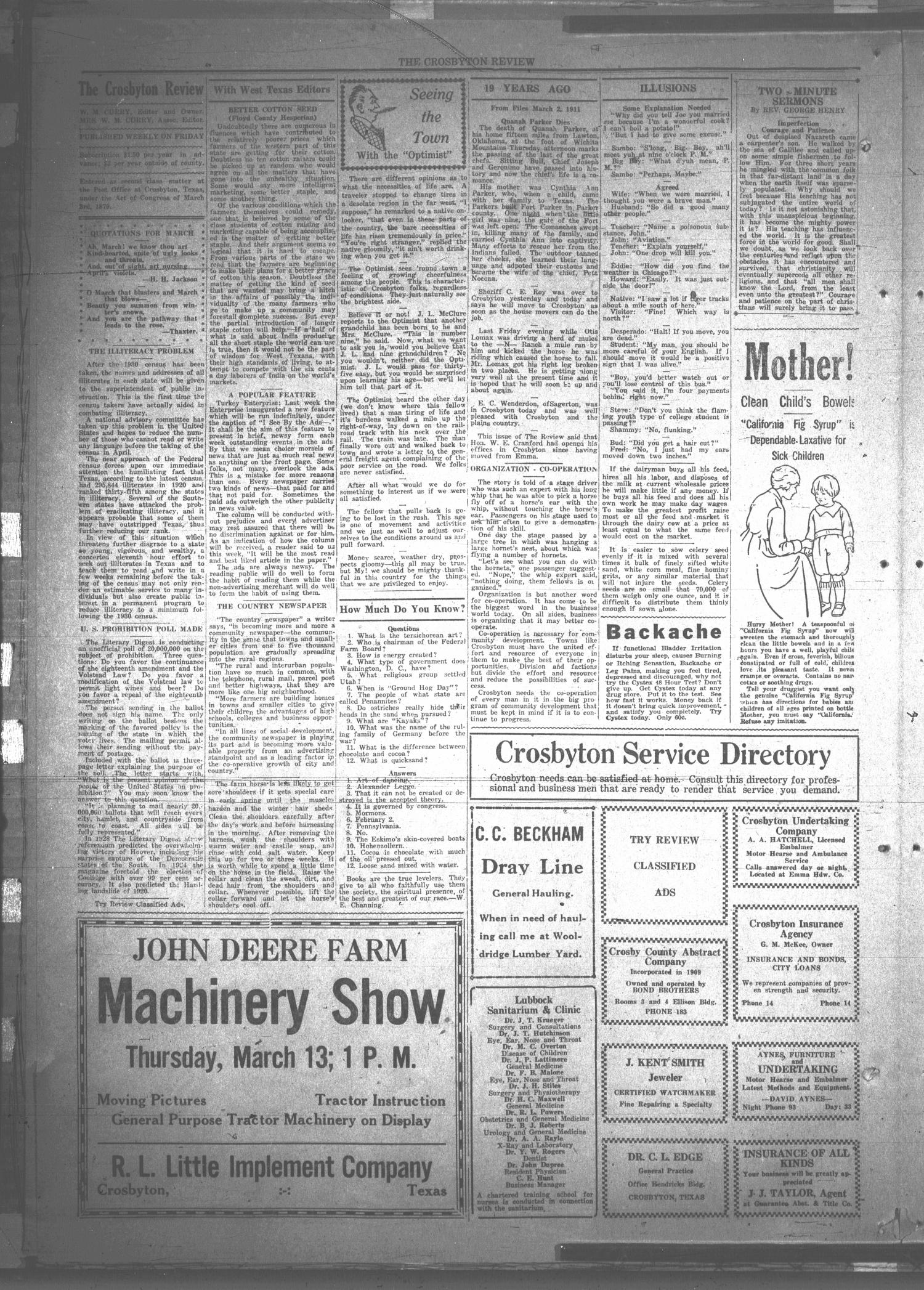 The Crosbyton Review. (Crosbyton, Tex.), Vol. 22, No. 8, Ed. 1 Friday, March 7, 1930
                                                
                                                    [Sequence #]: 4 of 8
                                                