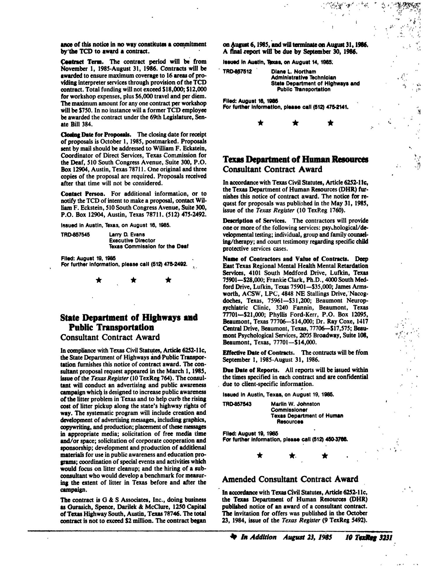 Texas Register, Volume 10, 63, Pages 3197-3236, August 23, 1985
                                                
                                                    3231
                                                