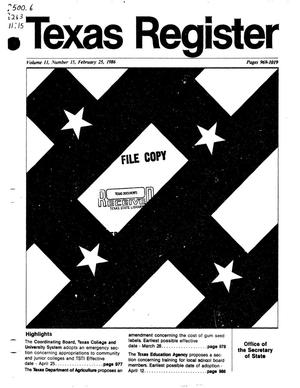 Primary view of object titled 'Texas Register, Volume 11, Number 15, Pages 969-1019, February 25, 1986'.