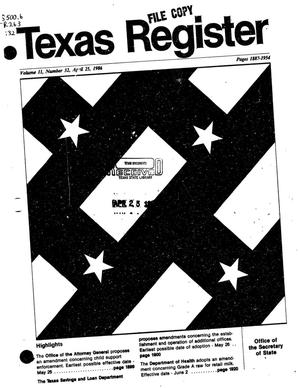 Primary view of object titled 'Texas Register, Volume 11, Number 32, Pages 1887-1954, April 25, 1986'.
