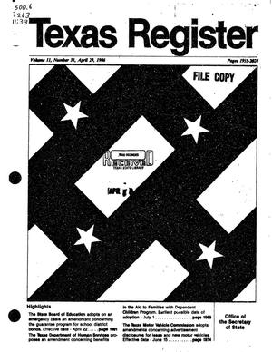 Primary view of object titled 'Texas Register, Volume 11, Number 33, Pages 1955-2024, April 29, 1986'.
