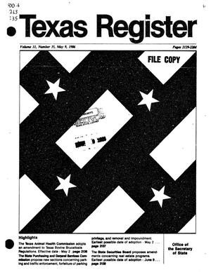 Primary view of object titled 'Texas Register, Volume 11, Number 35, Pages 2129-2204, May 9, 1986'.