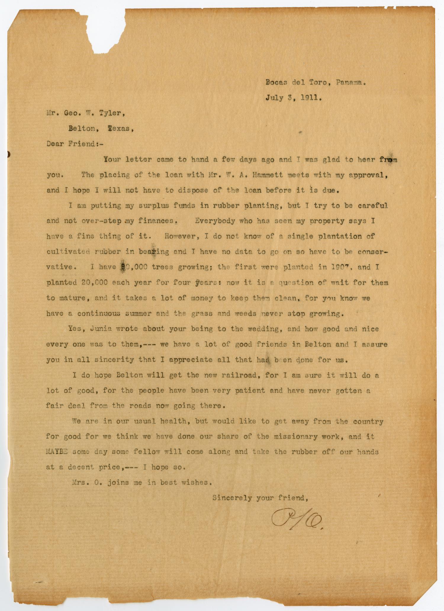 [Letter from Paul Osterhout to George W. Tyler, July 3, 1911]
                                                
                                                    [Sequence #]: 1 of 2
                                                