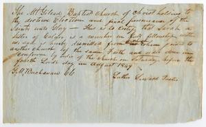 Primary view of object titled '[Letter of Standing for Sarah from Mount Gilead Baptist Church, August 1849]'.