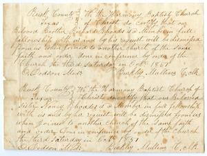 Primary view of object titled '[Letter of Standing for Richard and Nancy Rhoades from Harmony Baptist Church, October, 1857]'.
