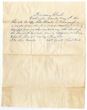Primary view of object titled '[Letter of Standing for Charles Kavanaugh from Providence Church, May 12, 1860]'.