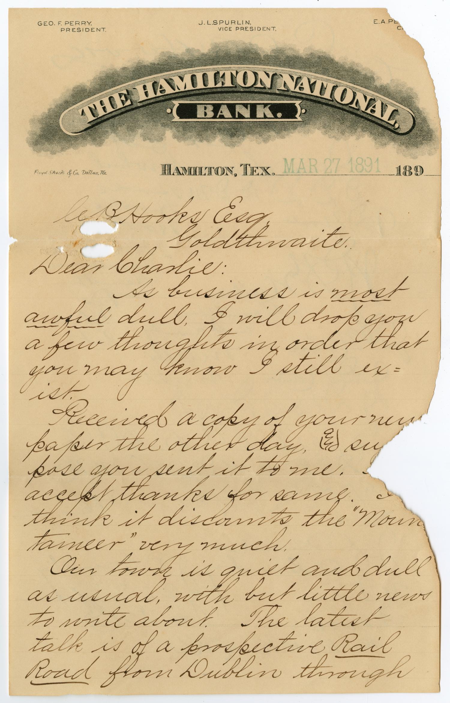 [Letter from C. B. Wade to Charlie, March 27, 1891]
                                                
                                                    [Sequence #]: 1 of 10
                                                