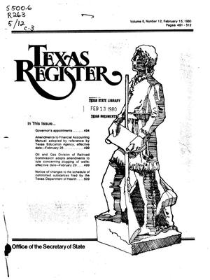Primary view of object titled 'Texas Register, Volume 5, Number 12, Pages 491-512, February 15, 1980'.
