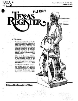 Primary view of object titled 'Texas Register, Volume 6, Number 16, Pages 795-816, March 3, 1981'.