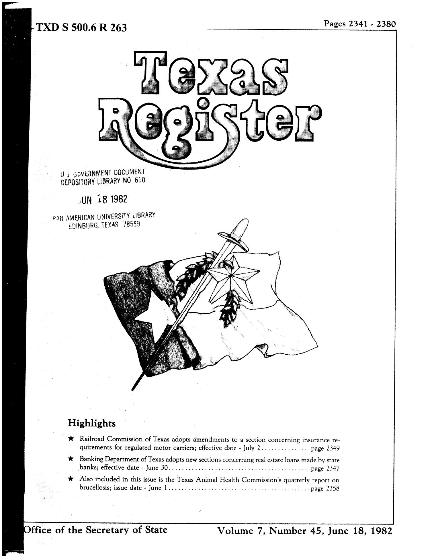 Texas Register, Volume 7, Number 45, Pages 2341-2380, June 18, 1982
                                                
                                                    Title Page
                                                