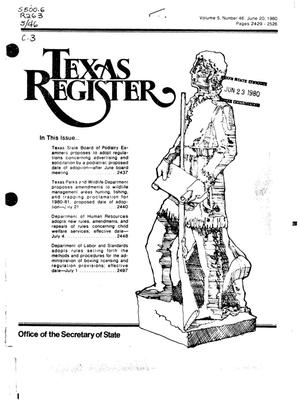 Primary view of object titled 'Texas Register, Volume 5, Number 46, Pages 2429-2526, June 20, 1980'.