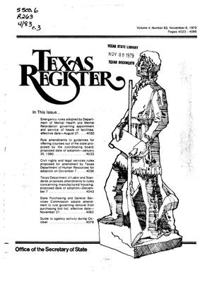 Primary view of object titled 'Texas Register, Volume 4, Number 83, Pages 4023-4088, November 6, 1979'.
