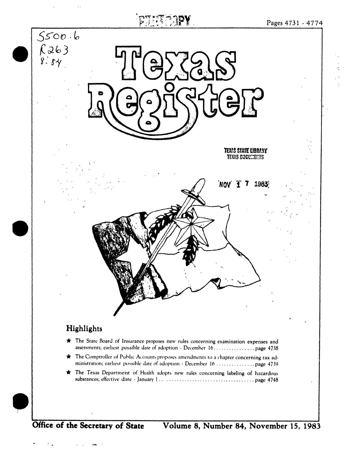 Texas Register, Volume 8, Number 84, Pages 4731-4474, November 15, 1983
                                                
                                                    Title Page
                                                