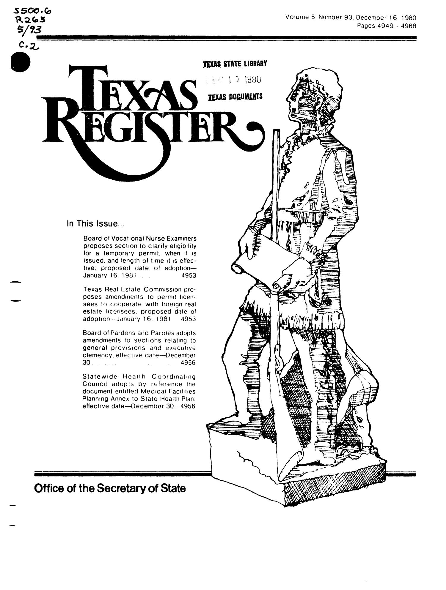 Texas Register, Volume 5, Number 93, Pages 4949-4968, December 16, 1980
                                                
                                                    Title Page
                                                