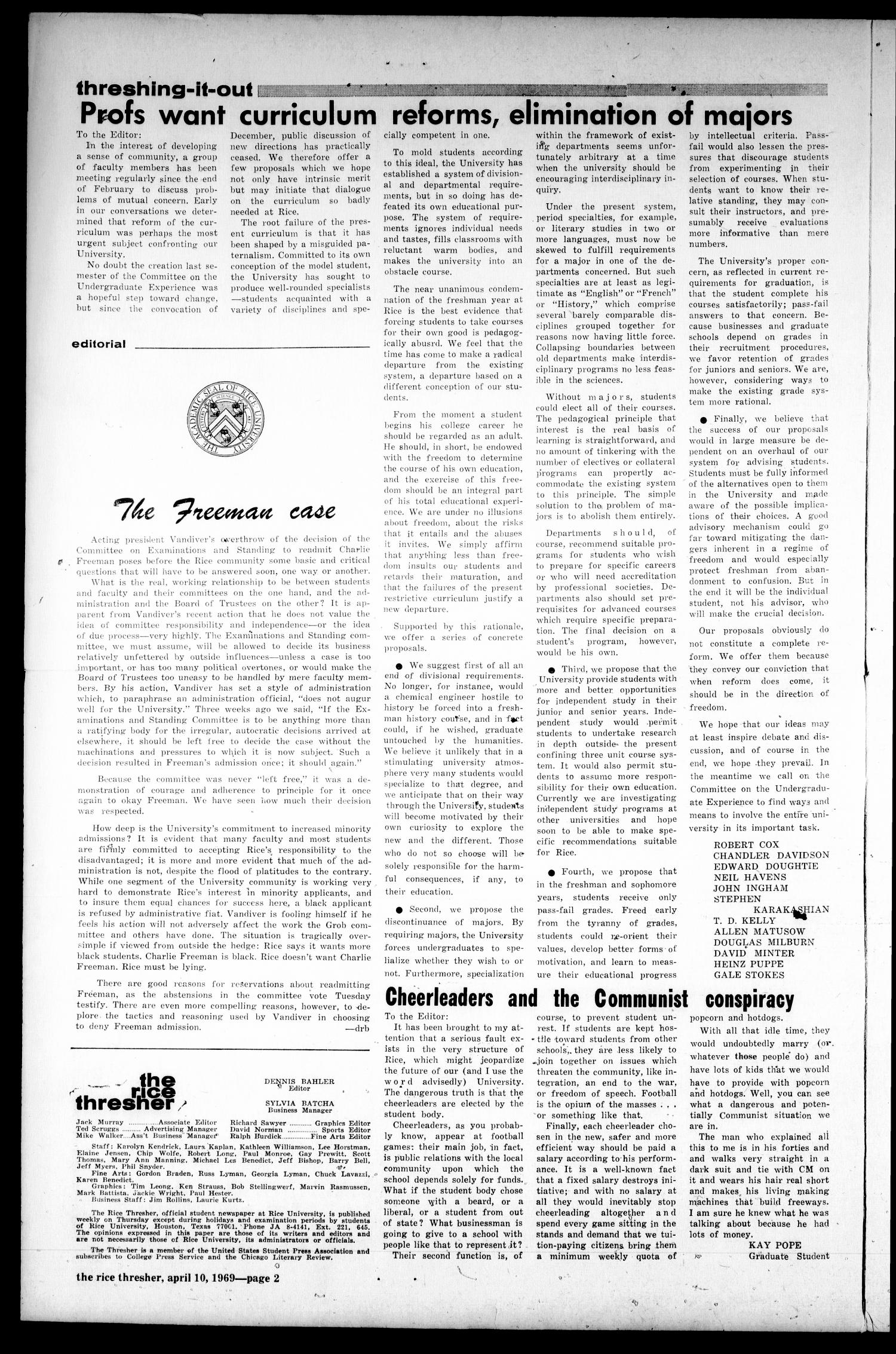 The Rice Thresher (Houston, Tex.), Vol. 56, No. 27, Ed. 1 Thursday, April 10, 1969
                                                
                                                    [Sequence #]: 2 of 8
                                                