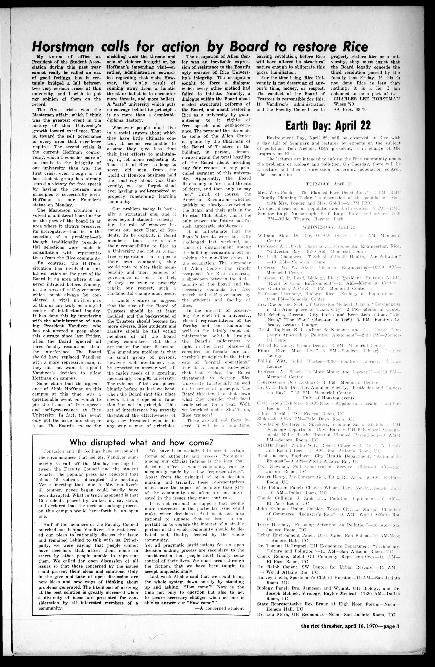 The Rice Thresher (Houston, Tex.), Vol. 57, No. 24, Ed. 1 Thursday, April 16, 1970
                                                
                                                    [Sequence #]: 3 of 6
                                                
