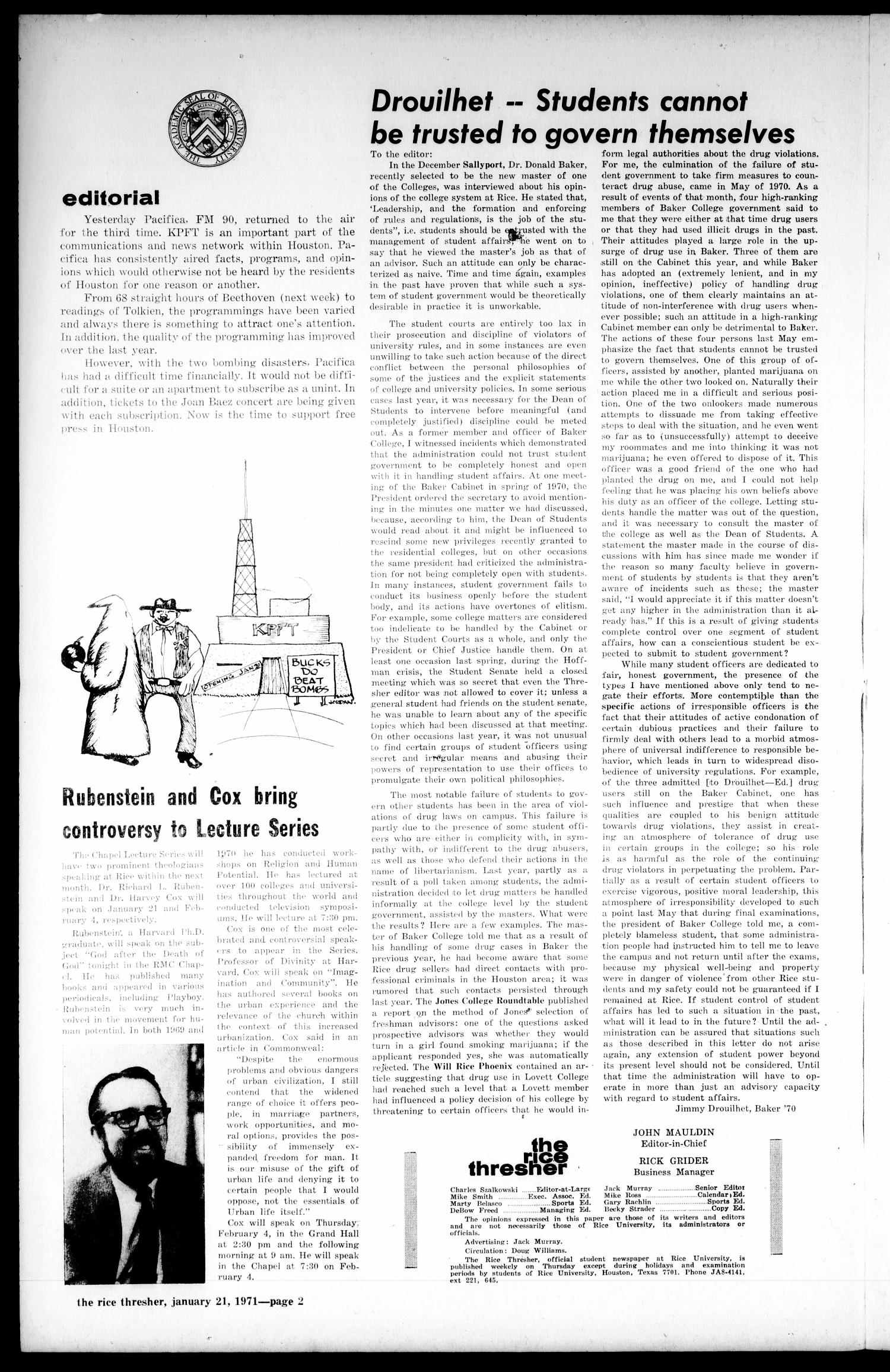 The Rice Thresher (Houston, Tex.), Vol. 58, No. 15, Ed. 1 Thursday, January 21, 1971
                                                
                                                    [Sequence #]: 2 of 6
                                                