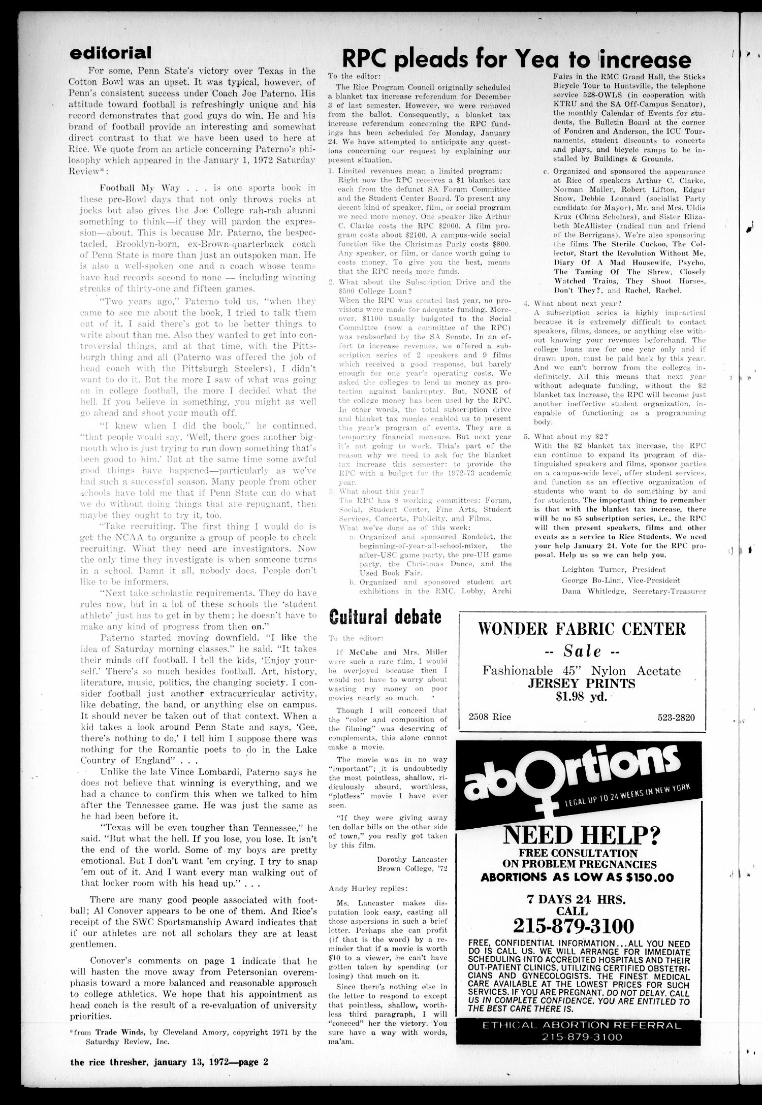 The Rice Thresher (Houston, Tex.), Vol. 59, No. 14, Ed. 1 Thursday, January 13, 1972
                                                
                                                    [Sequence #]: 2 of 4
                                                