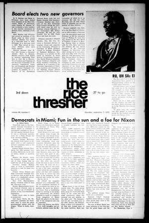 Primary view of object titled 'The Rice Thresher (Houston, Tex.), Vol. 60, No. 3, Ed. 1 Thursday, September 7, 1972'.