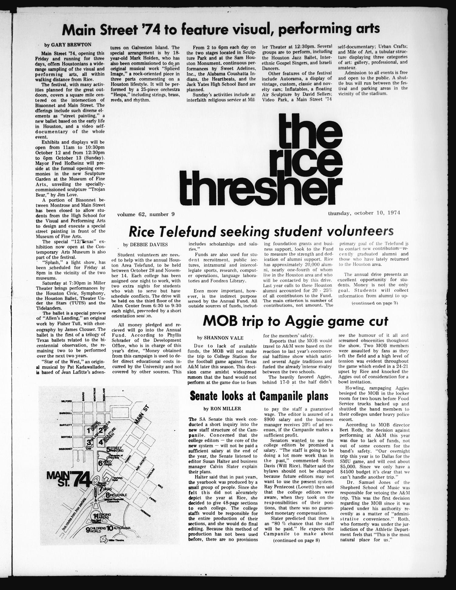The Rice Thresher (Houston, Tex.), Vol. 62, No. 9, Ed. 1 Thursday, October 10, 1974
                                                
                                                    [Sequence #]: 1 of 12
                                                