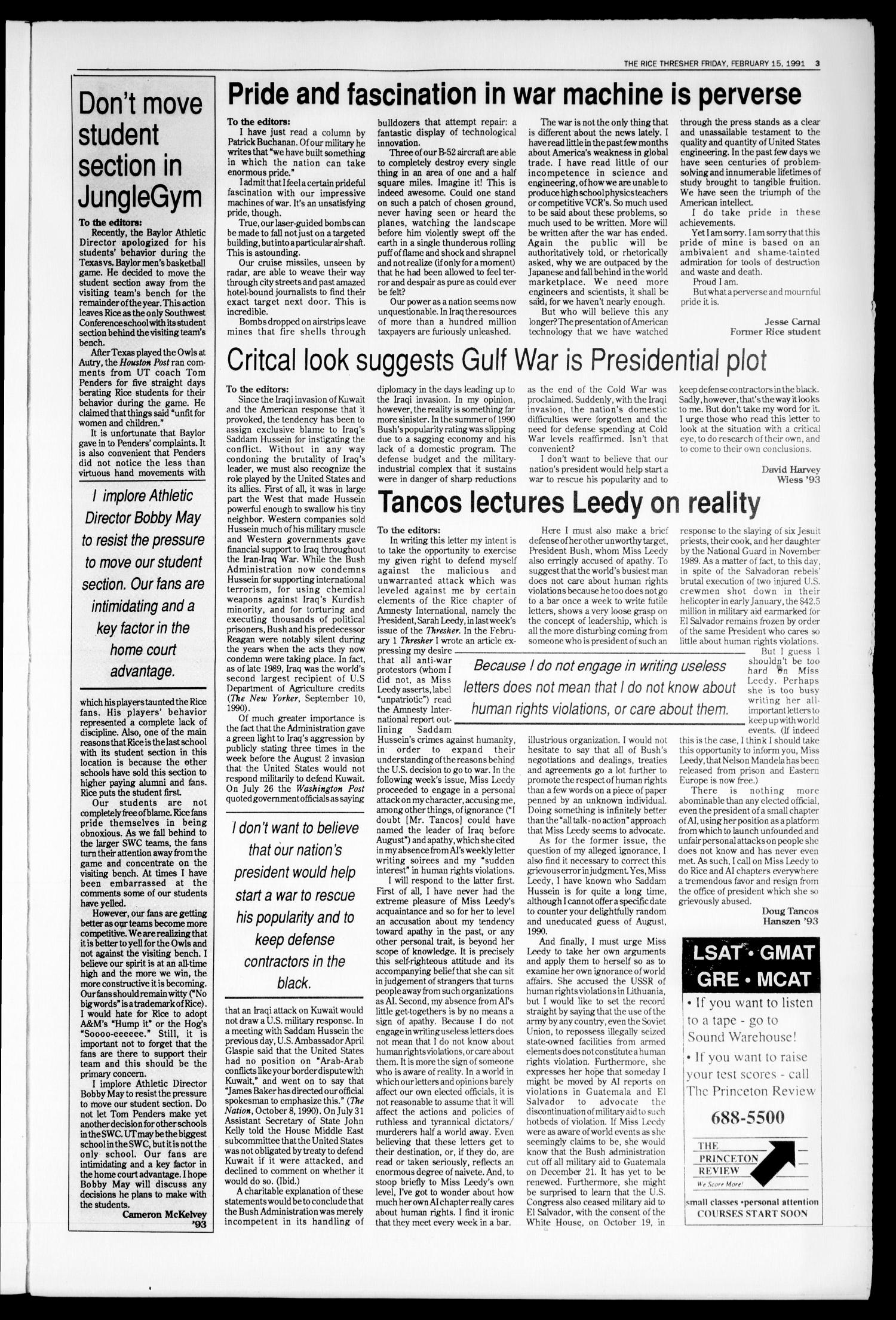 The Rice Thresher (Houston, Tex.), Vol. 78, No. 25, Ed. 1 Friday, February 15, 1991
                                                
                                                    [Sequence #]: 3 of 24
                                                