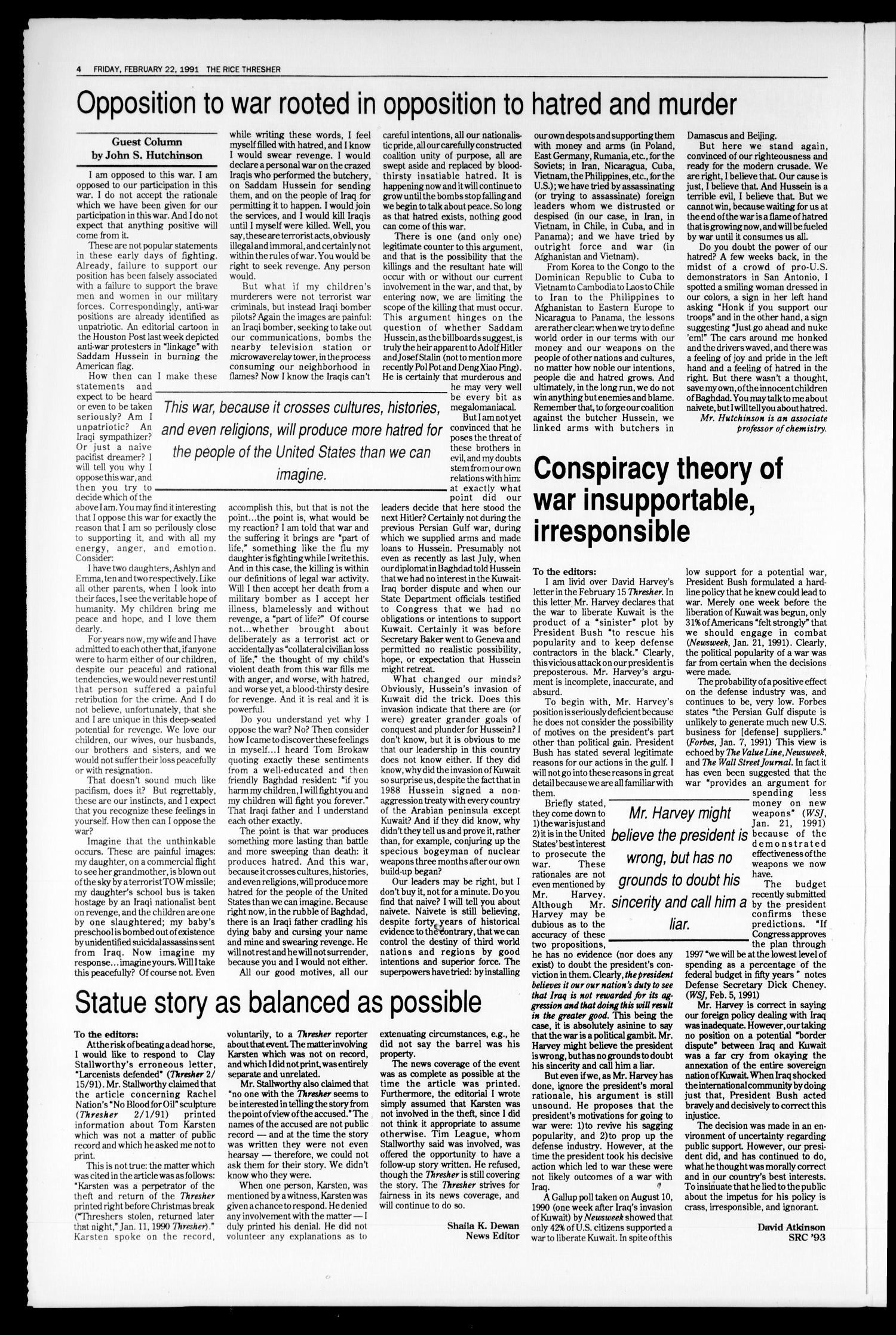 The Rice Thresher (Houston, Tex.), Vol. 78, No. 26, Ed. 1 Friday, February 22, 1991
                                                
                                                    [Sequence #]: 4 of 16
                                                