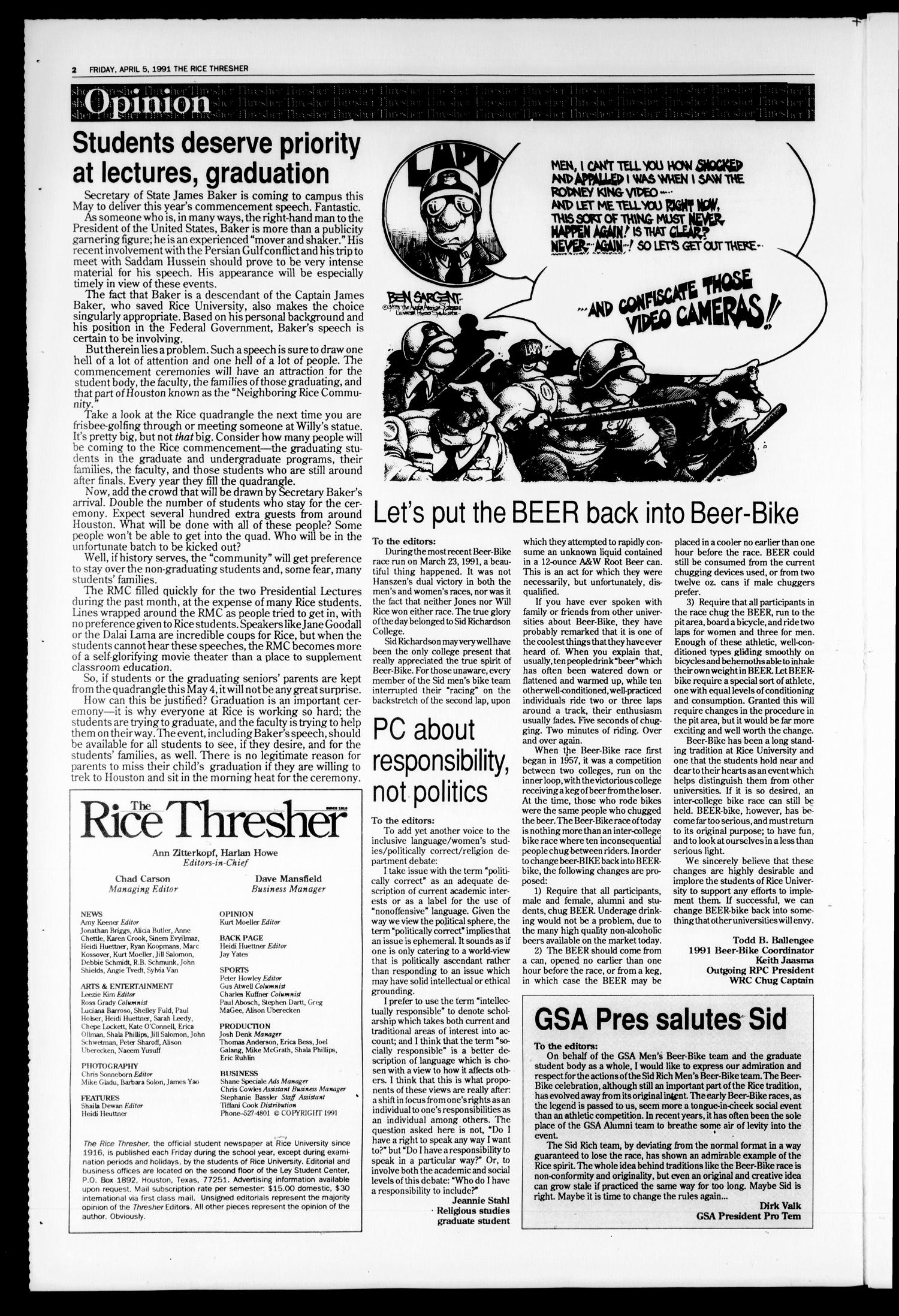 The Rice Thresher (Houston, Tex.), Vol. 78, No. 30, Ed. 1 Friday, April 5, 1991
                                                
                                                    [Sequence #]: 2 of 20
                                                