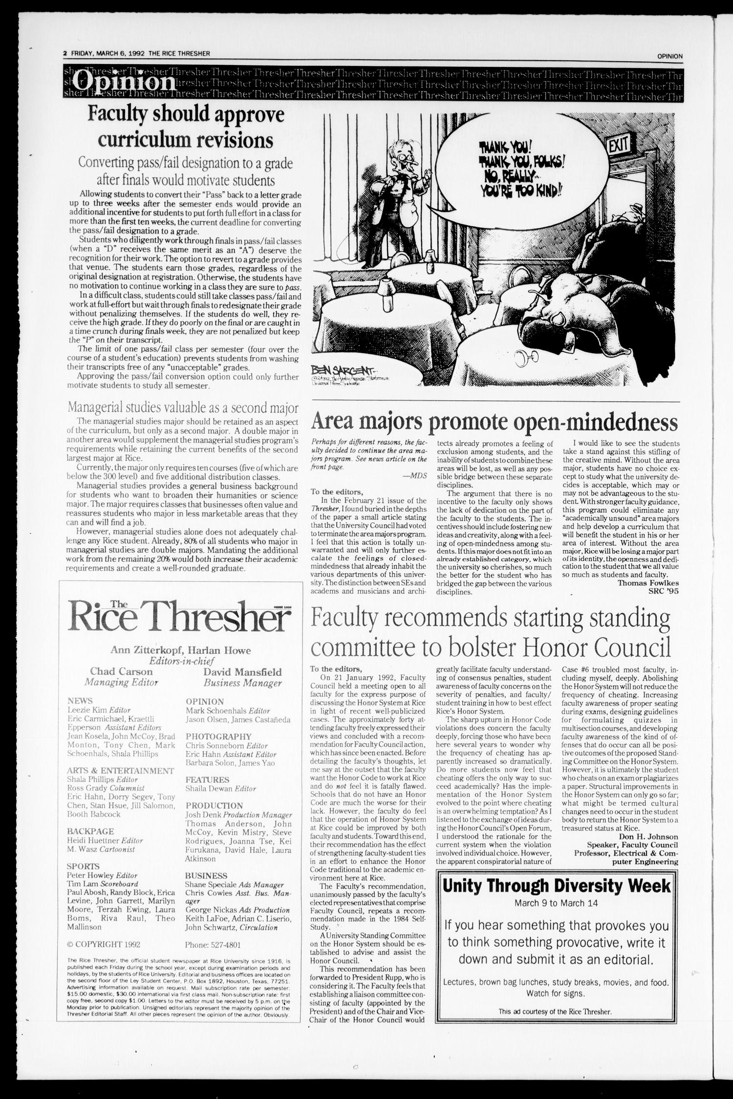 The Rice Thresher (Houston, Tex.), Vol. 79, No. 22, Ed. 1 Friday, March 6, 1992
                                                
                                                    [Sequence #]: 2 of 20
                                                