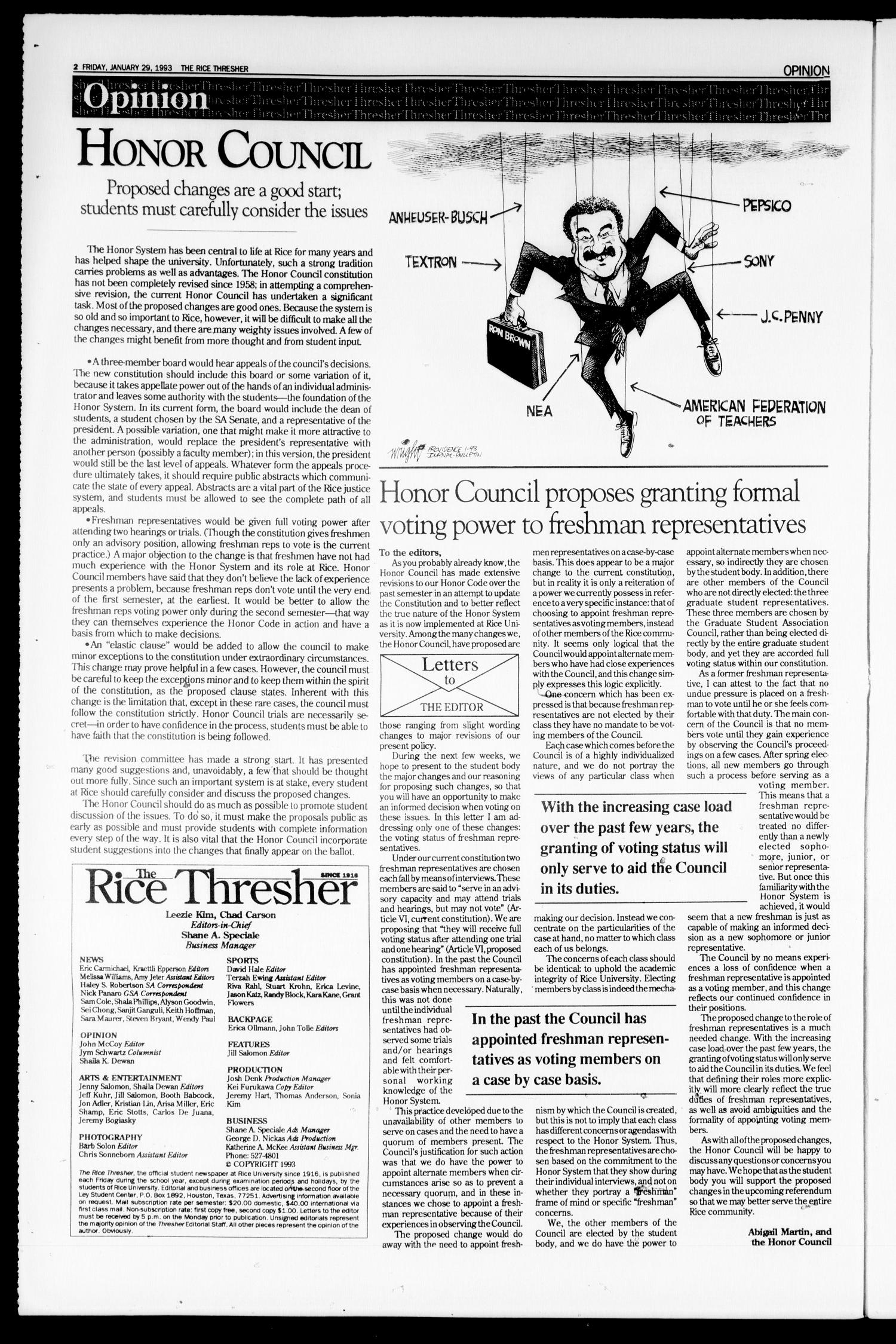 The Rice Thresher (Houston, Tex.), Vol. 80, No. 17, Ed. 1 Friday, January 29, 1993
                                                
                                                    [Sequence #]: 2 of 20
                                                