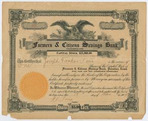 Primary view of object titled '[Stock Share Certificate From Farmers & Citizens Savings Bank]'.