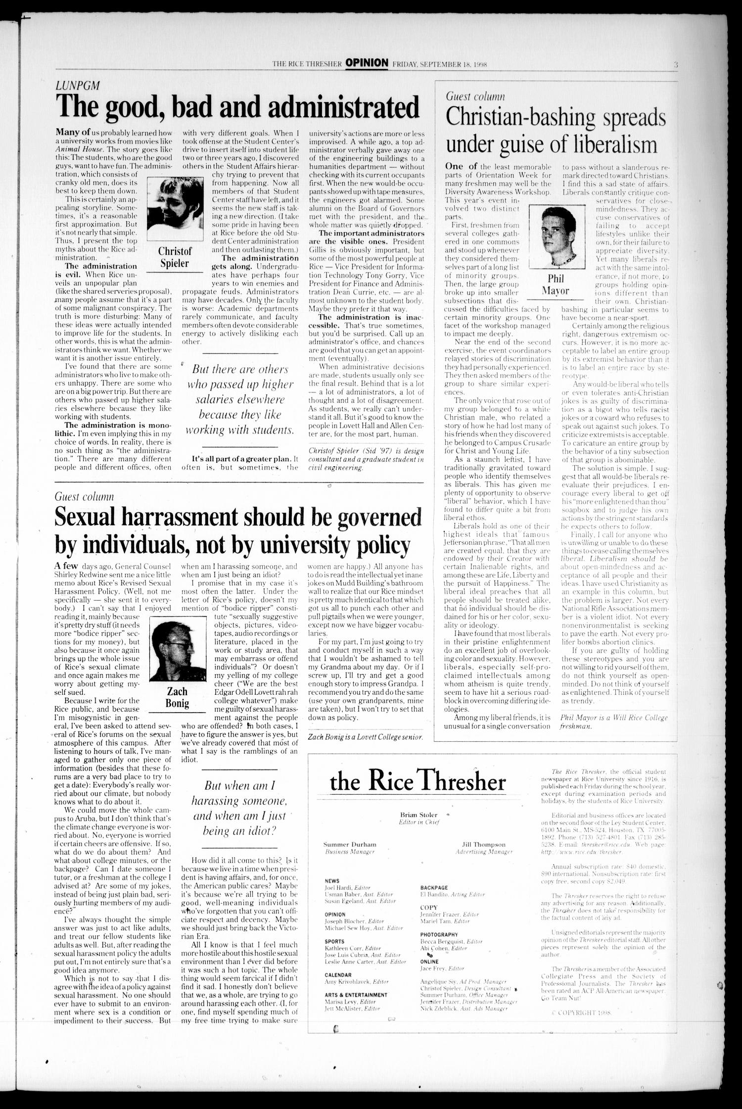 The Rice Thresher (Houston, Tex.), Vol. 86, No. 3, Ed. 1 Friday, September 18, 1998
                                                
                                                    [Sequence #]: 3 of 24
                                                
