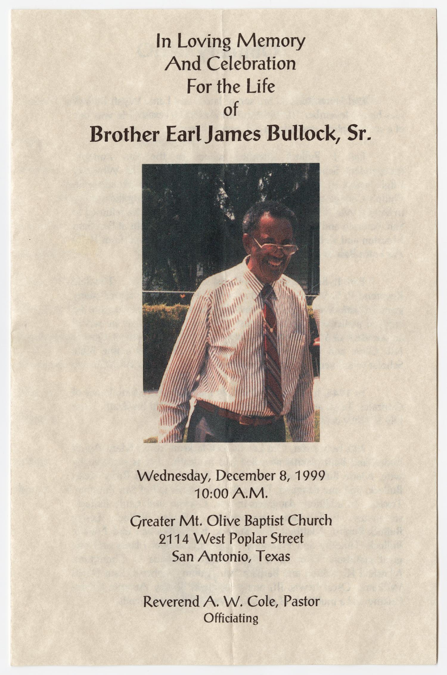 [Funeral Program for Earl James Bullock, Sr., December 8, 1999]
                                                
                                                    [Sequence #]: 1 of 3
                                                