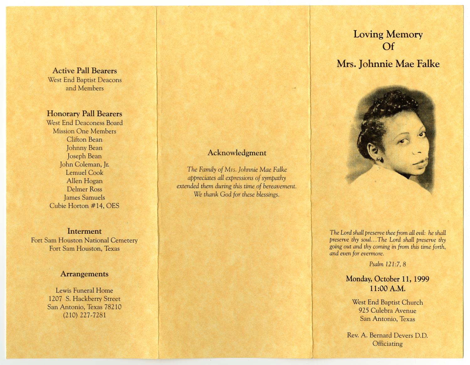 [Funeral Program for Johnnie Mae Falke, October 11, 1999]
                                                
                                                    [Sequence #]: 3 of 3
                                                
