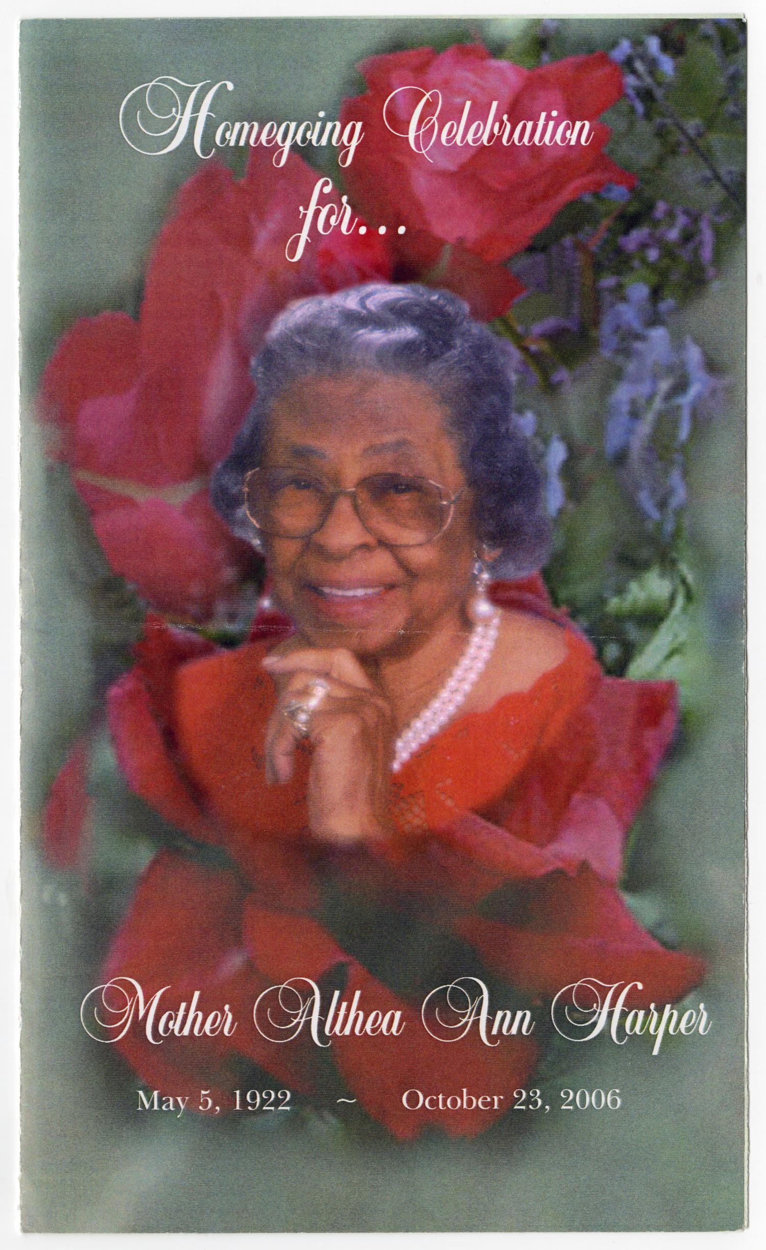 [Funeral Program for Althea Ann Harper, October 31, 2006]
                                                
                                                    [Sequence #]: 1 of 3
                                                