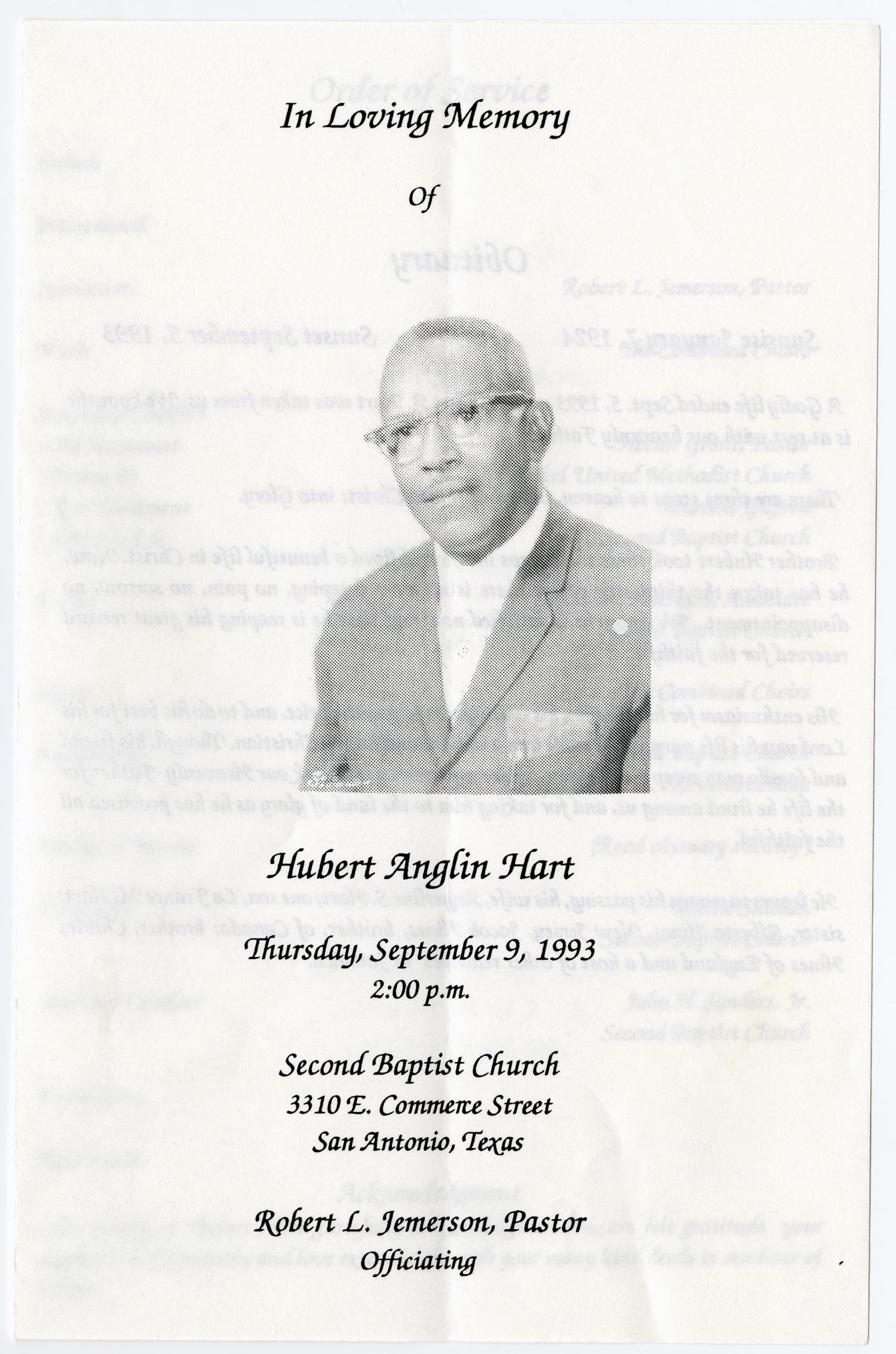 [Funeral Program for Hubert Anglin Hart, September 9, 1993]
                                                
                                                    [Sequence #]: 1 of 3
                                                