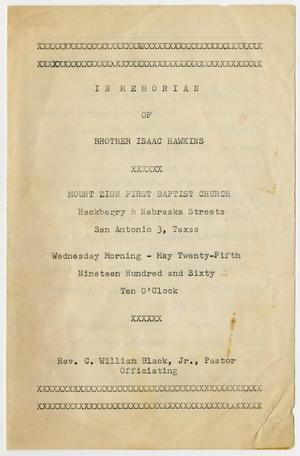 Primary view of object titled '[Funeral Program for Isaac Hawkins, May 25, 1960]'.