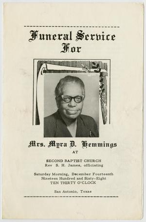 Primary view of object titled '[Funeral Program for Myra D. Hemmings, December 14, 1968]'.