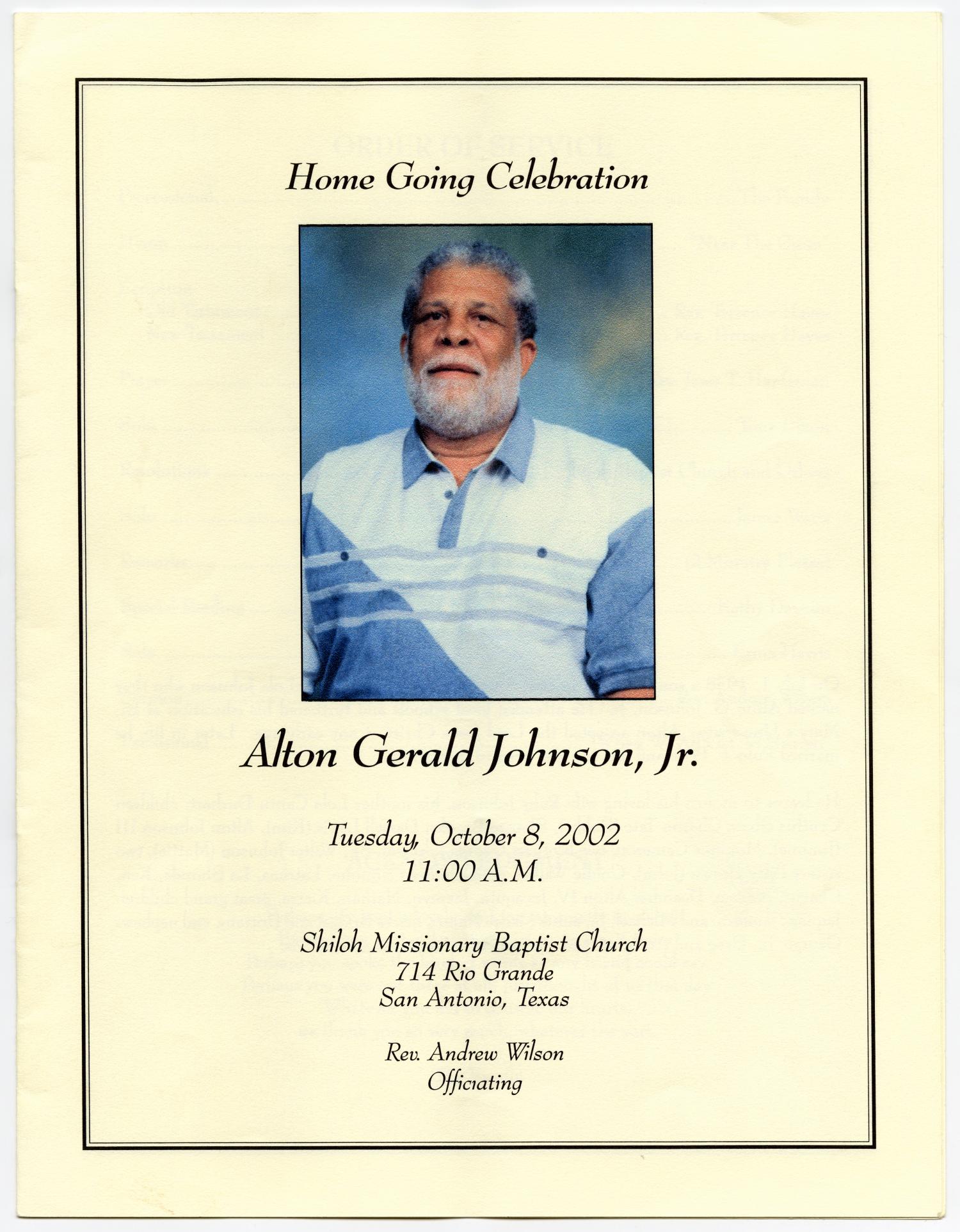 [Funeral Program for Alton Gerald Johnson, Jr., October 8, 2002]
                                                
                                                    [Sequence #]: 1 of 8
                                                