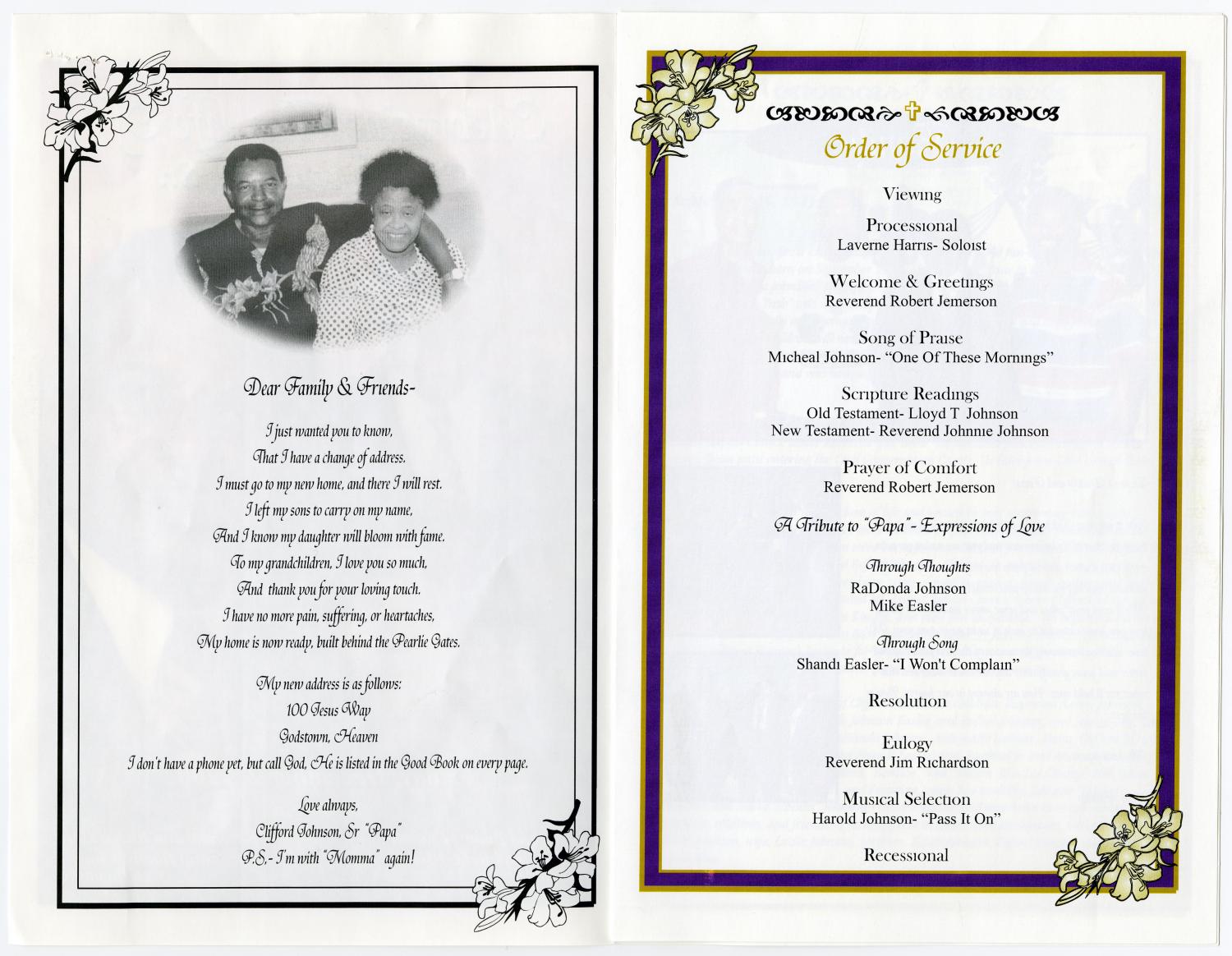 [Funeral Program for Clifford Johnson, Sr., December 27, 2002]
                                                
                                                    [Sequence #]: 2 of 5
                                                
