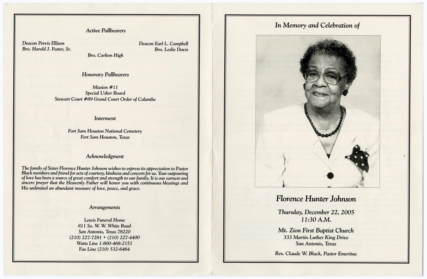 [Funeral Program for Florence Hunter Johnson, December 22, 2005]
                                                
                                                    [Sequence #]: 3 of 3
                                                