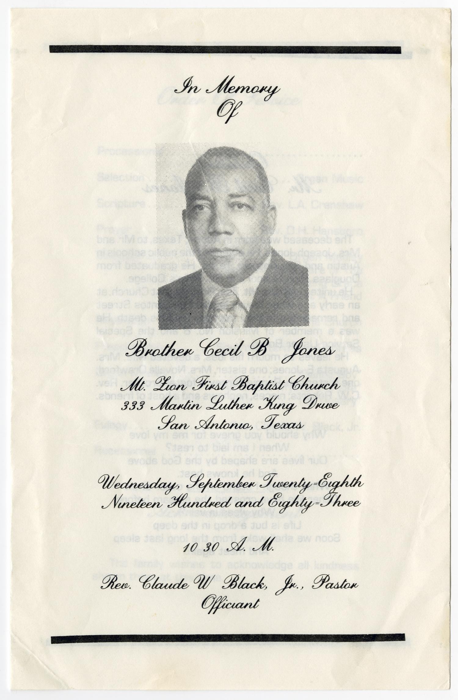 [Funeral Program for Cecil B. Jones, September 28, 1983]
                                                
                                                    [Sequence #]: 1 of 3
                                                
