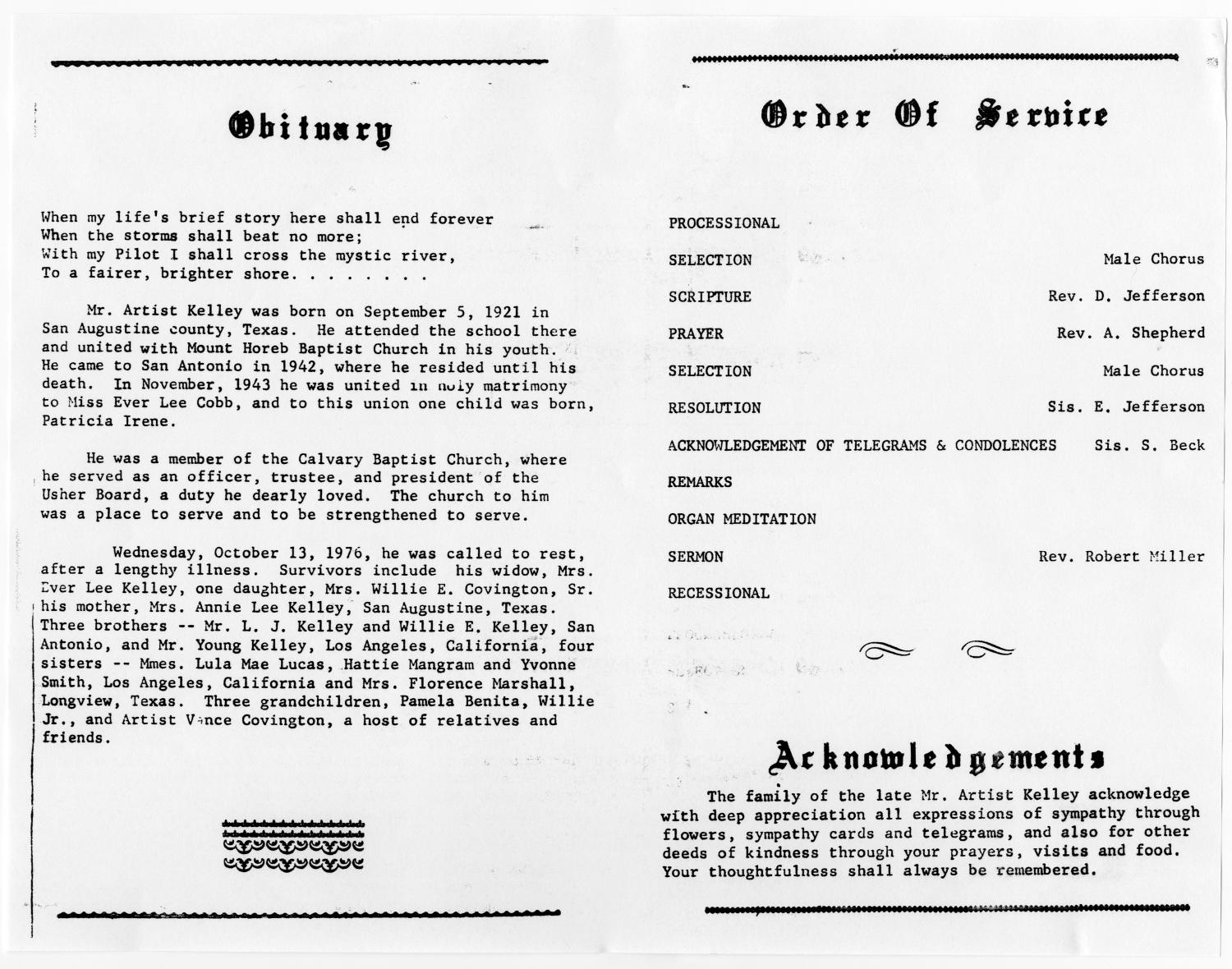 [Funeral Program for Artist Kelley, October 18, 1976]
                                                
                                                    [Sequence #]: 2 of 3
                                                