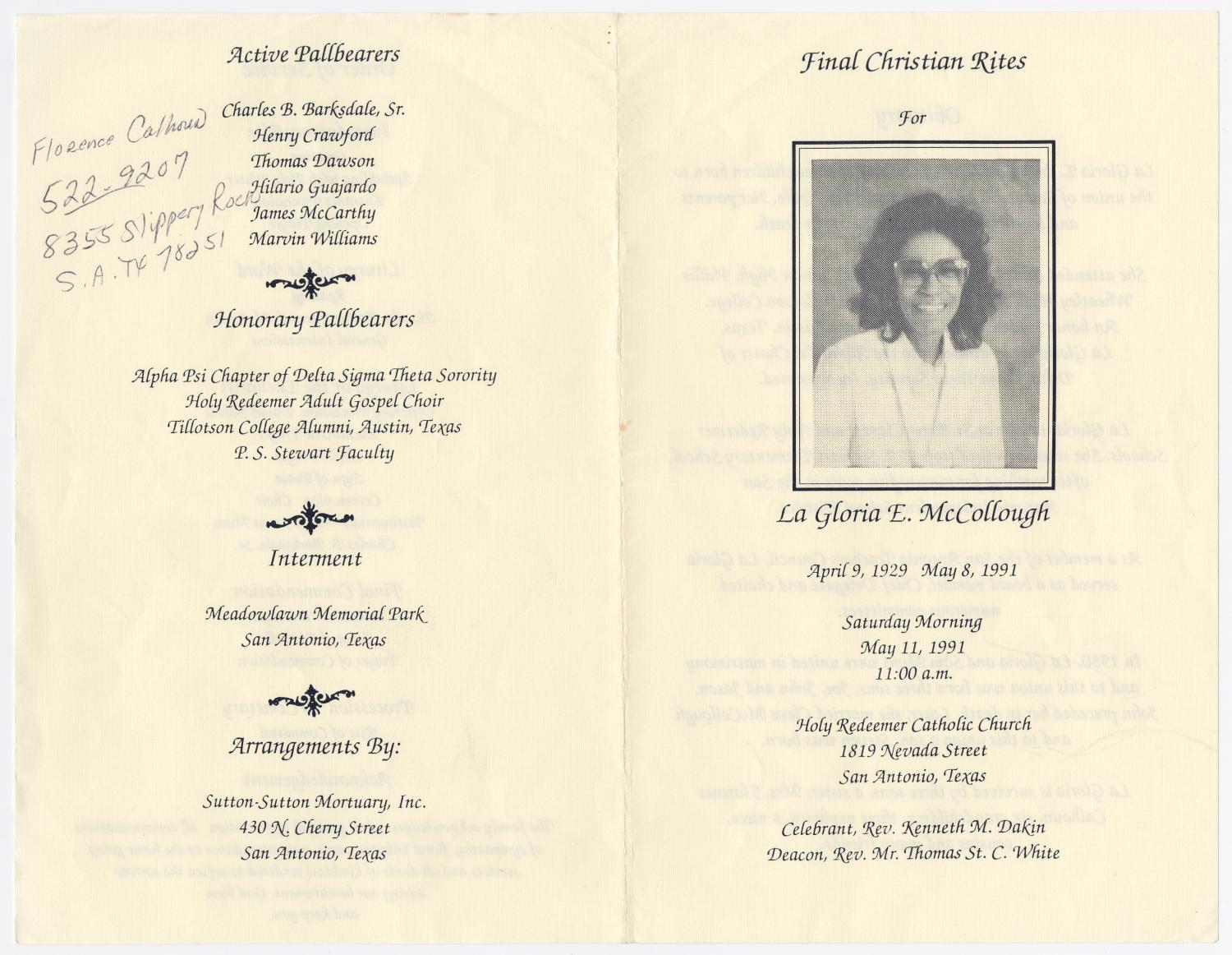 [Funeral Program for La Gloria E. McCollough, May 11, 1991]
                                                
                                                    [Sequence #]: 3 of 3
                                                