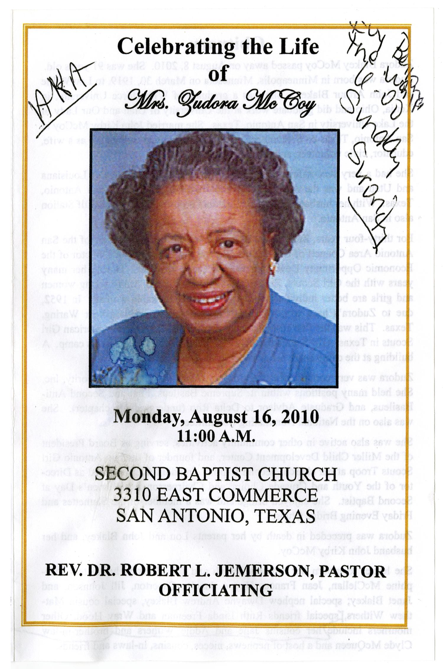 [Funeral Program for Zudora McCoy, August 16, 2010]
                                                
                                                    [Sequence #]: 1 of 3
                                                