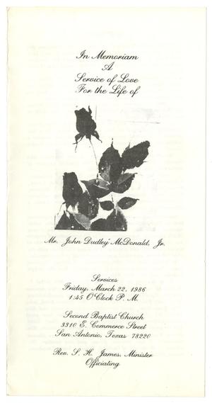 Primary view of object titled '[Funeral Program for John Dudley McDonald, Jr., March 22, 1986]'.