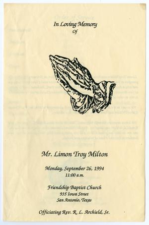 Primary view of object titled '[Funeral Program for Limon Troy Milton, September 26, 1994]'.