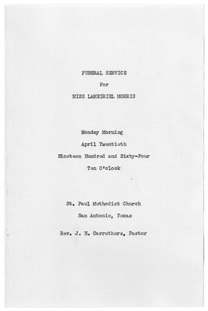 Primary view of object titled '[Funeral Program for Lameiriel Morris, April 20, 1964]'.